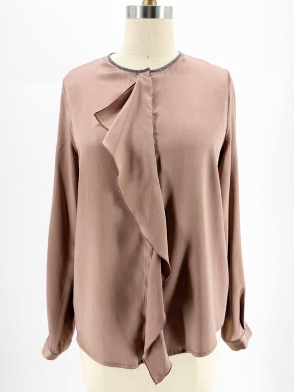 Fabiana Filippi Mauve Silk Ruffle Front Beaded Neckline Blouse Top